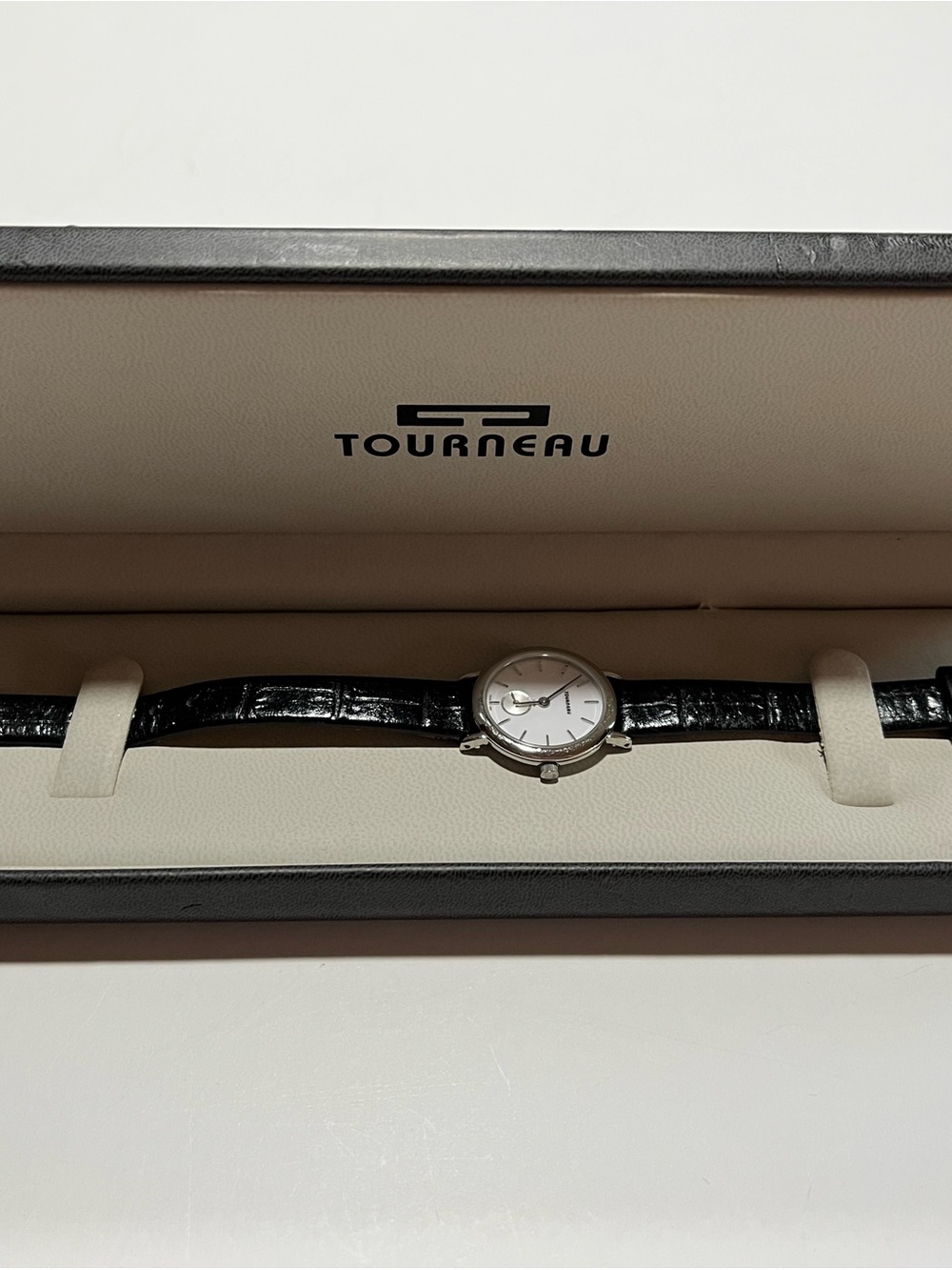 Tourneau Silver Case Ladies Watch with Black Leather Strap